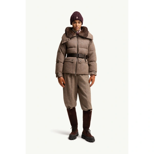 Moncler Gelise Shearling-Trimmed Belted Down Jacket in Brown, view 2 | Women's Puffer Jackets | Coveti