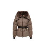 Moncler Gelise Shearling-Trimmed Belted Down Jacket in Brown | Women's Puffer Jackets | Coveti