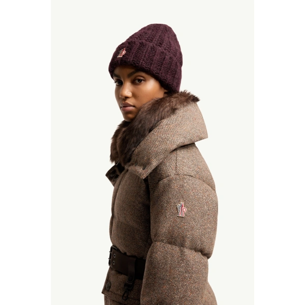 Moncler Gelise Shearling-Trimmed Belted Down Jacket in Brown, view 3 | Women's Puffer Jackets | Coveti