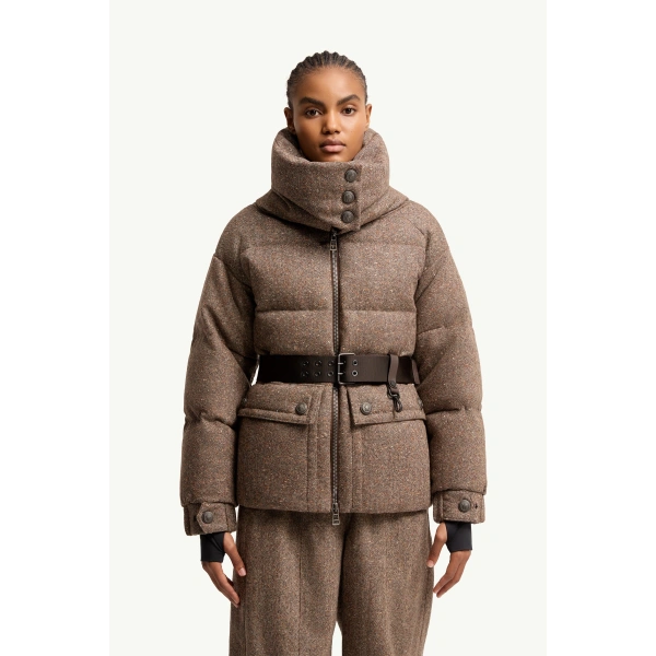 Moncler Gelise Shearling-Trimmed Belted Down Jacket in Brown, view 4 | Women's Puffer Jackets | Coveti