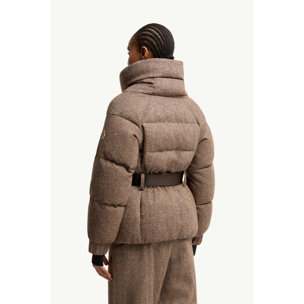 Moncler Gelise Shearling-Trimmed Belted Down Jacket in Brown, view 5 | Women's Puffer Jackets | Coveti