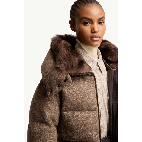 Moncler Gelise Shearling-Trimmed Belted Down Jacket in Brown, view 6 | Women's Puffer Jackets | Coveti