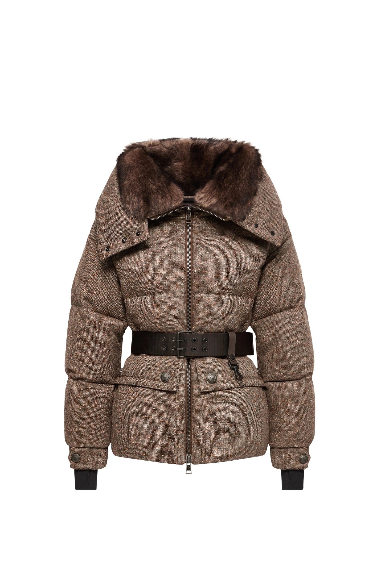 Moncler Gelise Shearling-Trimmed Belted Down Jacket in Brown Moncler Gelise Shearling-Trimmed Belted Down Jacket in Brown | Women's Puffer Jackets | Coveti