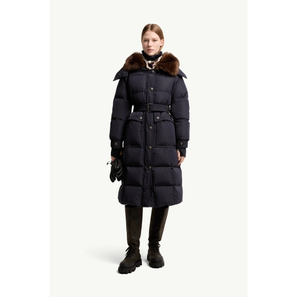 Moncler Gelisette Shearling-Trimmed Long Down Jacket in Dark Blue, view 2 | Women's Puffer and Down Coats | Coveti