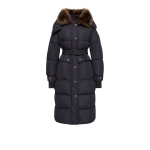 Moncler Gelisette Shearling-Trimmed Long Down Jacket in Dark Blue | Women's Puffer and Down Coats | Coveti