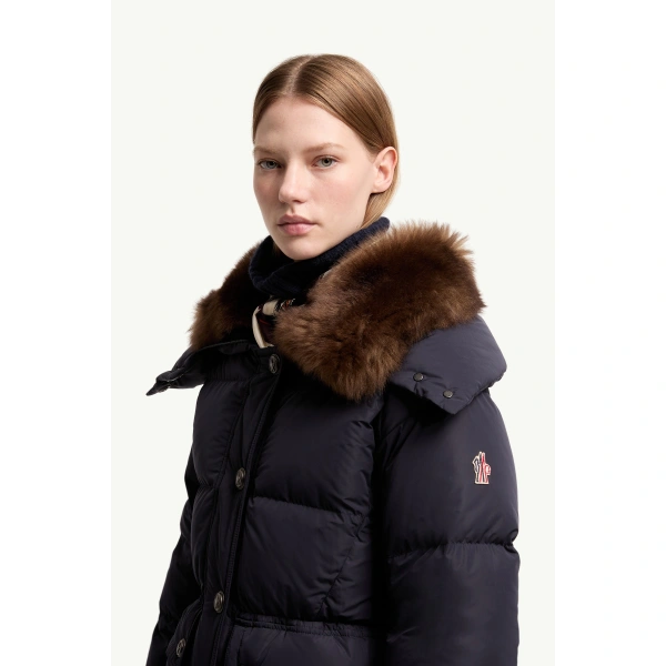 Moncler Gelisette Shearling-Trimmed Long Down Jacket in Dark Blue, view 3 | Women's Puffer and Down Coats | Coveti