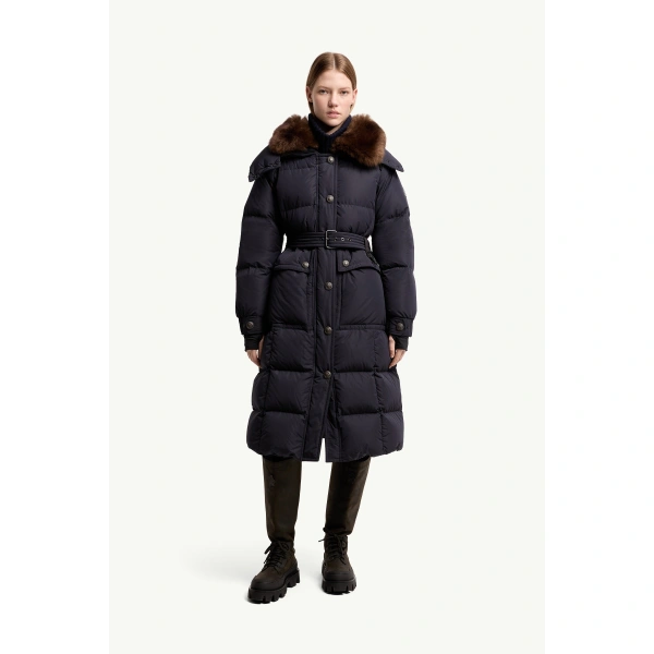 Moncler Gelisette Shearling-Trimmed Long Down Jacket in Dark Blue, view 4 | Women's Puffer and Down Coats | Coveti