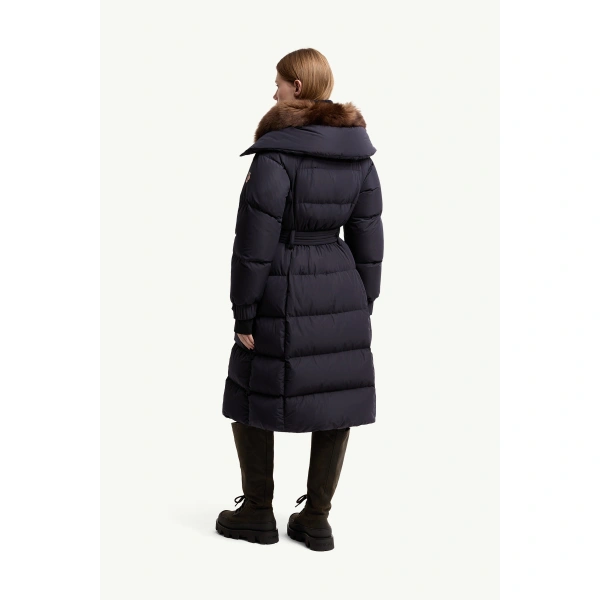 Moncler Gelisette Shearling-Trimmed Long Down Jacket in Dark Blue, view 5 | Women's Puffer and Down Coats | Coveti