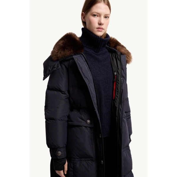 Moncler Gelisette Shearling-Trimmed Long Down Jacket in Dark Blue, view 6 | Women's Puffer and Down Coats | Coveti
