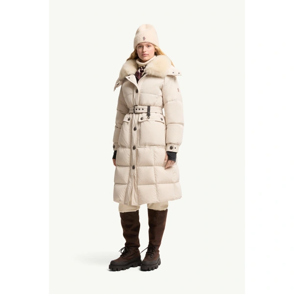 Moncler Gelisette Shearling-Trimmed Long Down Jacket in Light Beige, view 2 | Women's Puffer and Down Coats | Coveti
