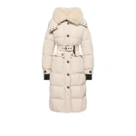 Moncler Gelisette Shearling-Trimmed Long Down Jacket in Light Beige | Women's Puffer and Down Coats | Coveti