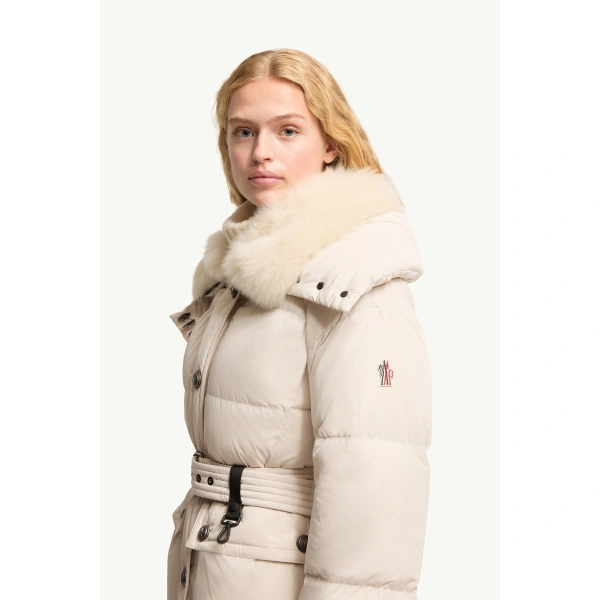 Moncler Gelisette Shearling-Trimmed Long Down Jacket in Light Beige, view 3 | Women's Puffer and Down Coats | Coveti