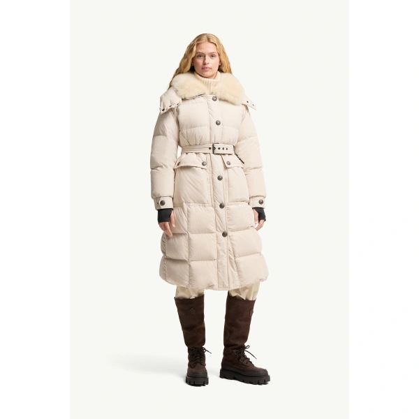 Moncler Gelisette Shearling-Trimmed Long Down Jacket in Light Beige, view 4 | Women's Puffer and Down Coats | Coveti