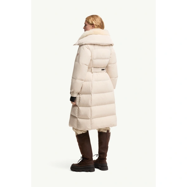 Moncler Gelisette Shearling-Trimmed Long Down Jacket in Light Beige, view 5 | Women's Puffer and Down Coats | Coveti