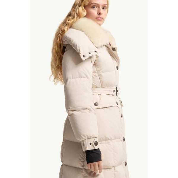 Moncler Gelisette Shearling-Trimmed Long Down Jacket in Light Beige, view 6 | Women's Puffer and Down Coats | Coveti