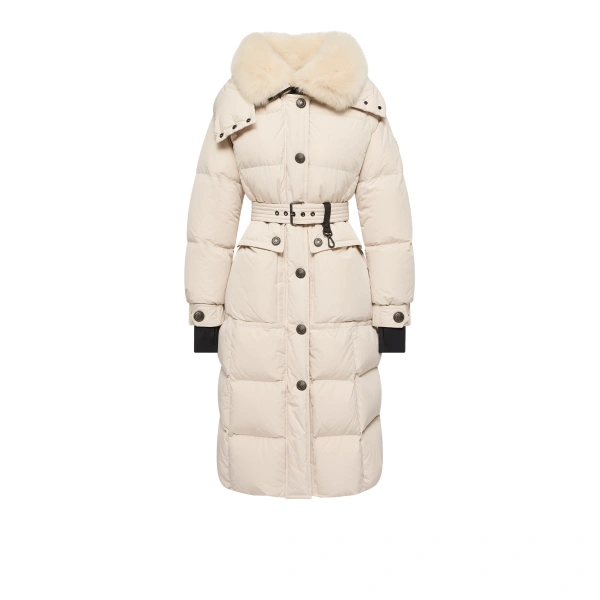 Gelisette Shearling-Trimmed Long Down Jacket in Light Beige