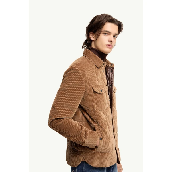 Moncler Gelt Corduroy Down Shirt Jacket in Light Brown, view 6 | Men's Jackets | Coveti