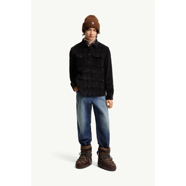 Moncler Gelt Corduroy Down Shirt Jacket in Navy Blue, view 2 | Men's Jackets | Coveti