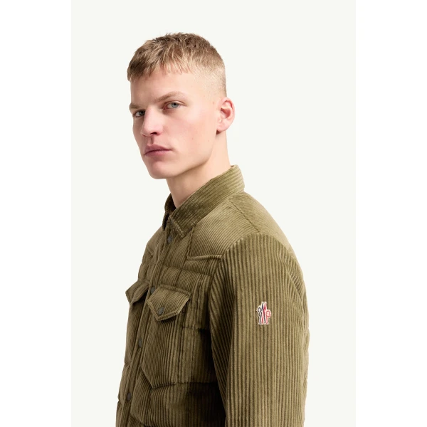 Moncler Gelt Corduroy Down Shirt Jacket in Olive Green, view 3 | Men's Jackets | Coveti