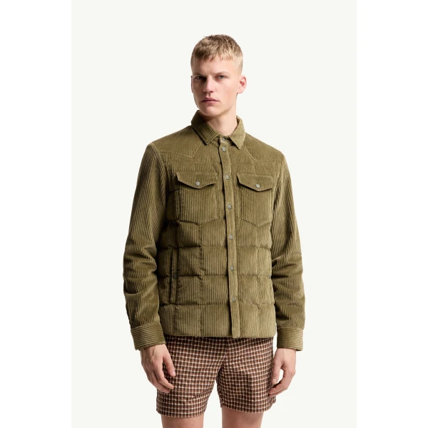 Moncler Gelt Corduroy Down Shirt Jacket in Olive Green, view 4 | Men's Jackets | Coveti