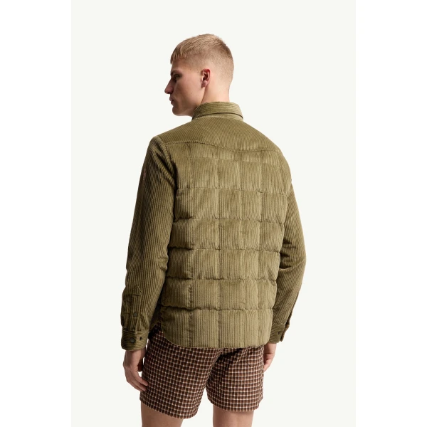 Moncler Gelt Corduroy Down Shirt Jacket in Olive Green, view 5 | Men's Jackets | Coveti
