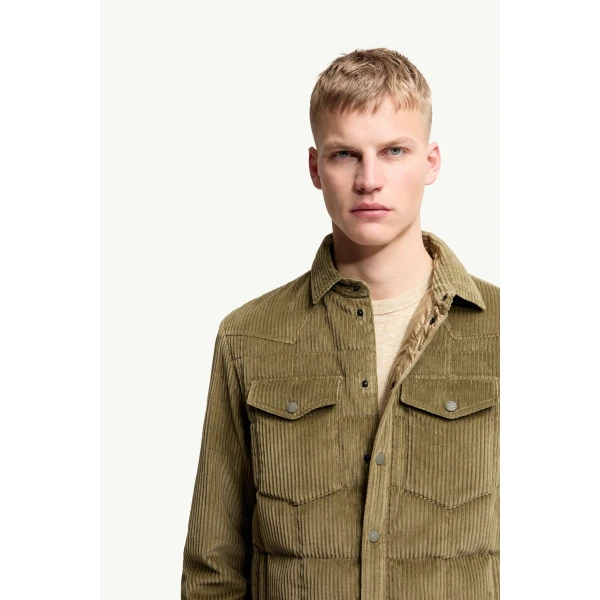 Moncler Gelt Corduroy Down Shirt Jacket in Olive Green, view 6 | Men's Jackets | Coveti