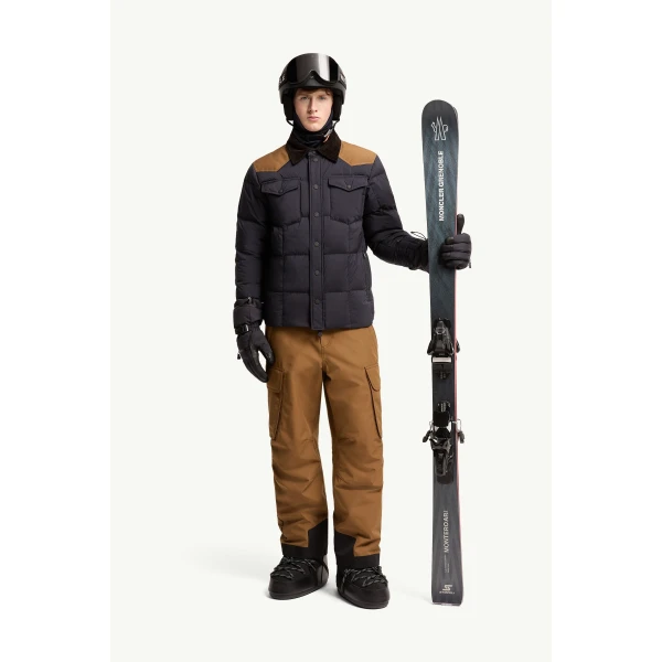 Moncler Geltech Corduroy-Trimmed Down Ski Jacket in Navy Blue, view 2 | Men's Skiwear | Coveti