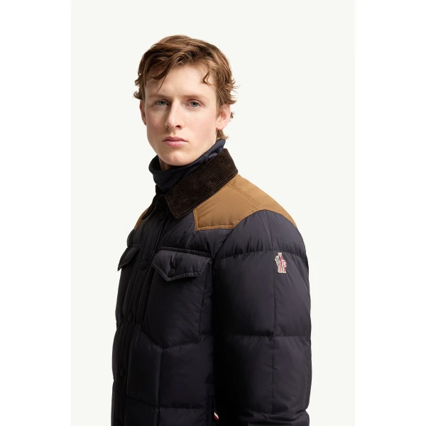 Moncler Geltech Corduroy-Trimmed Down Ski Jacket in Navy Blue, view 3 | Men's Skiwear | Coveti