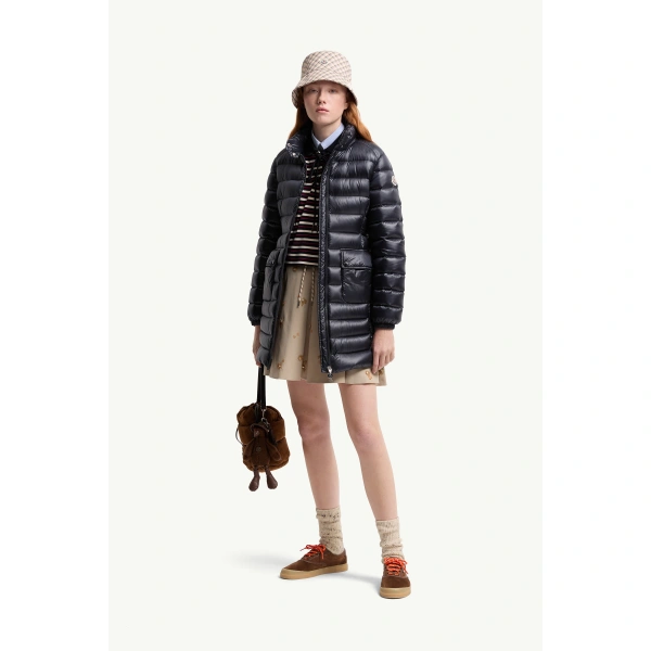Moncler Genet Long Down Jacket in Navy Blue, view 2 | Women's Puffer and Down Coats | Coveti