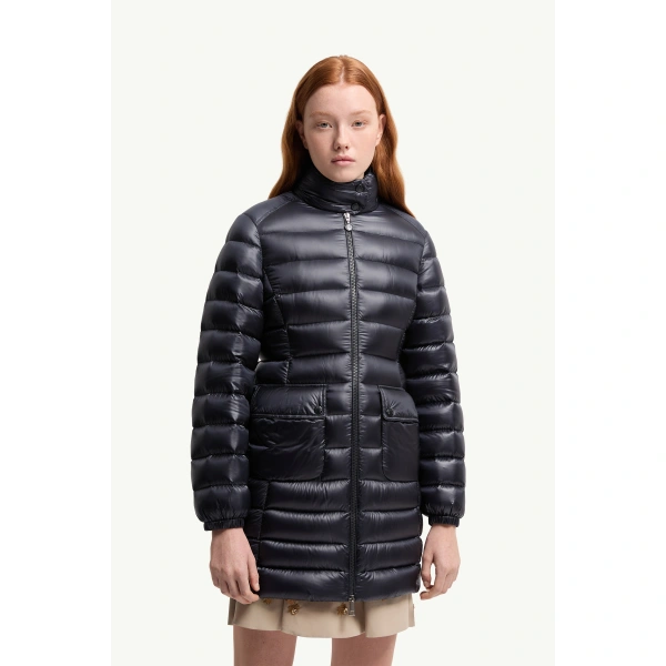Moncler Genet Long Down Jacket in Navy Blue, view 4 | Women's Puffer and Down Coats | Coveti
