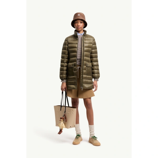 Moncler Genet Long Down Jacket in Olive Green, view 2 | Women's Puffer and Down Coats | Coveti