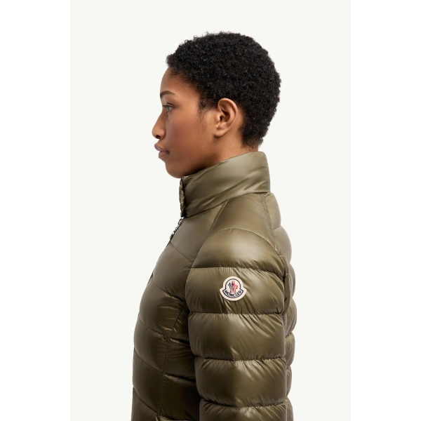 Moncler Genet Long Down Jacket in Olive Green, view 3 | Women's Puffer and Down Coats | Coveti