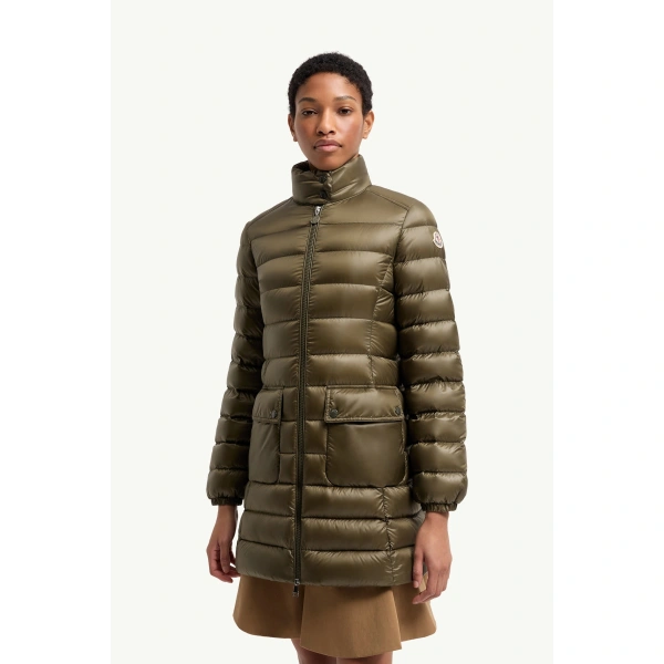 Moncler Genet Long Down Jacket in Olive Green, view 4 | Women's Puffer and Down Coats | Coveti