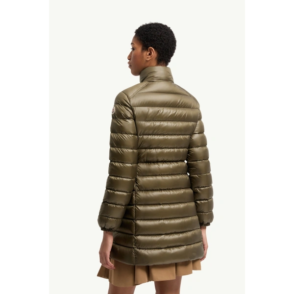 Moncler Genet Long Down Jacket in Olive Green, view 5 | Women's Puffer and Down Coats | Coveti