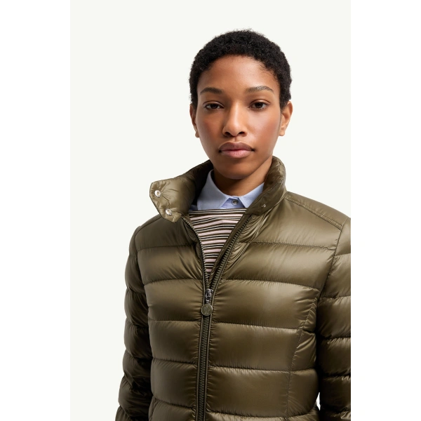 Moncler Genet Long Down Jacket in Olive Green, view 6 | Women's Puffer and Down Coats | Coveti