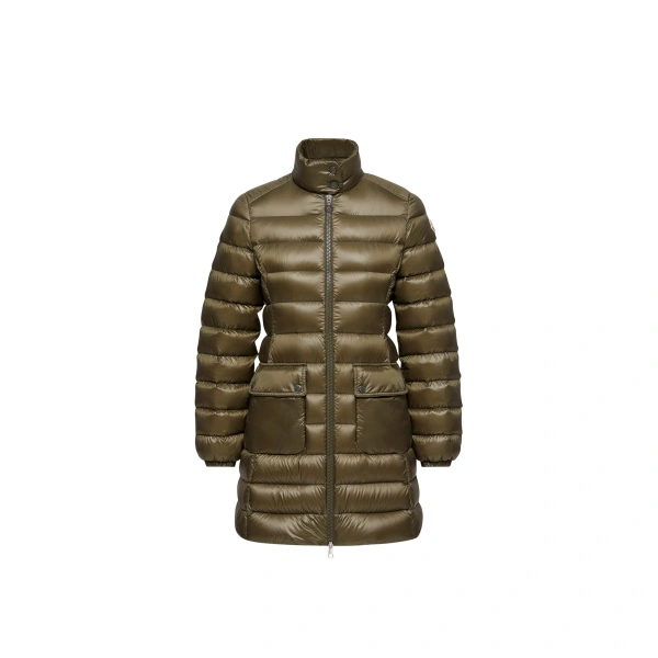 Moncler Genet Long Down Jacket in Olive Green | Women's Puffer and Down Coats | Coveti