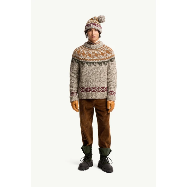 Moncler Geometric Jacquard Wool & Alpaca Blend Jumper in Beige & Grey, view 2 | Men's Knitwear | Coveti