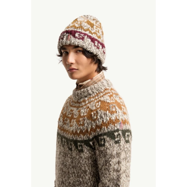 Moncler Geometric Jacquard Wool & Alpaca Blend Jumper in Beige & Grey, view 3 | Men's Knitwear | Coveti