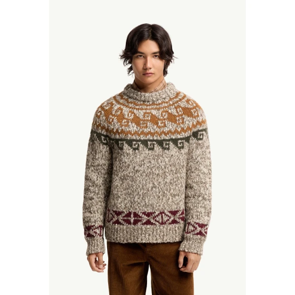 Moncler Geometric Jacquard Wool & Alpaca Blend Jumper in Beige & Grey, view 4 | Men's Knitwear | Coveti