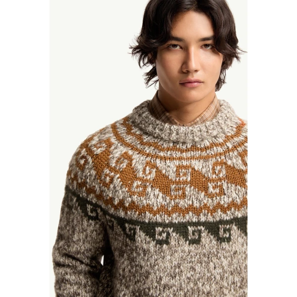 Moncler Geometric Jacquard Wool & Alpaca Blend Jumper in Beige & Grey, view 6 | Men's Knitwear | Coveti