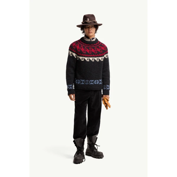 Moncler Geometric Jacquard Wool & Alpaca Blend Jumper in Blue & Red, view 2 | Men's Knitwear | Coveti