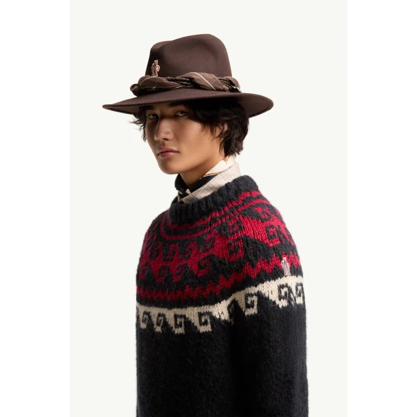 Moncler Geometric Jacquard Wool & Alpaca Blend Jumper in Blue & Red, view 3 | Men's Knitwear | Coveti