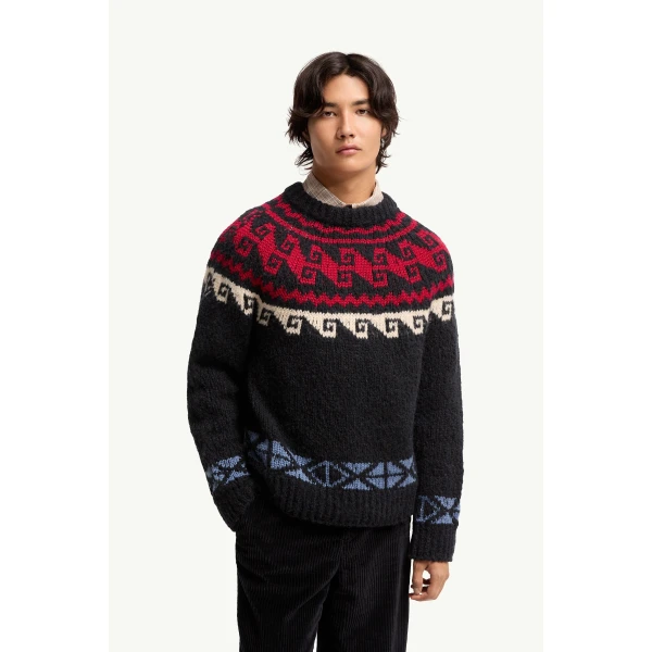Moncler Geometric Jacquard Wool & Alpaca Blend Jumper in Blue & Red, view 4 | Men's Knitwear | Coveti