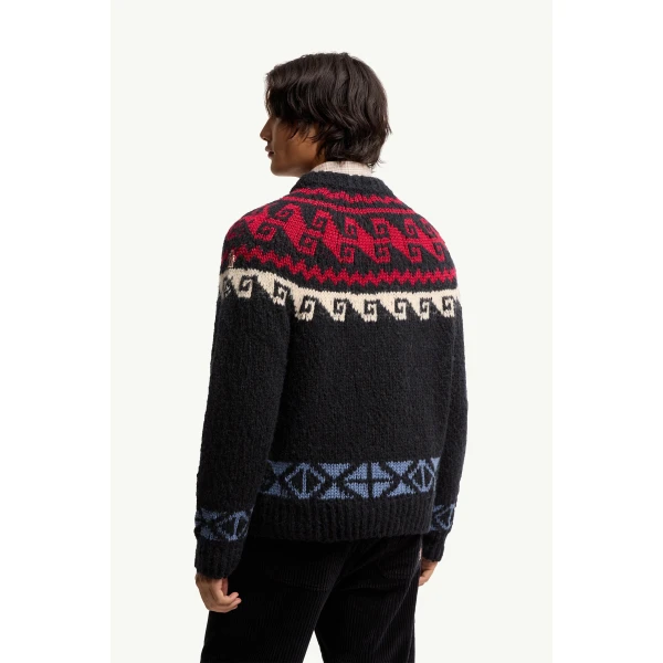 Moncler Geometric Jacquard Wool & Alpaca Blend Jumper in Blue & Red, view 5 | Men's Knitwear | Coveti