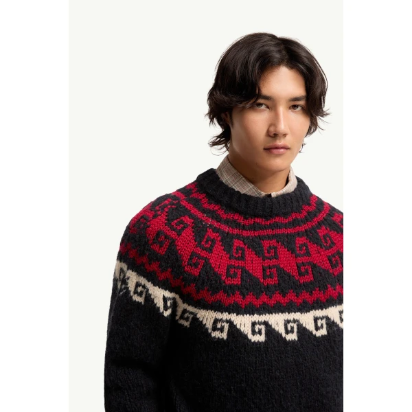 Moncler Geometric Jacquard Wool & Alpaca Blend Jumper in Blue & Red, view 6 | Men's Knitwear | Coveti