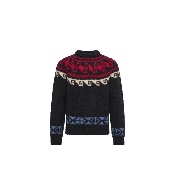 Moncler Geometric Jacquard Wool & Alpaca Blend Jumper in Blue & Red | Men's Knitwear | Coveti
