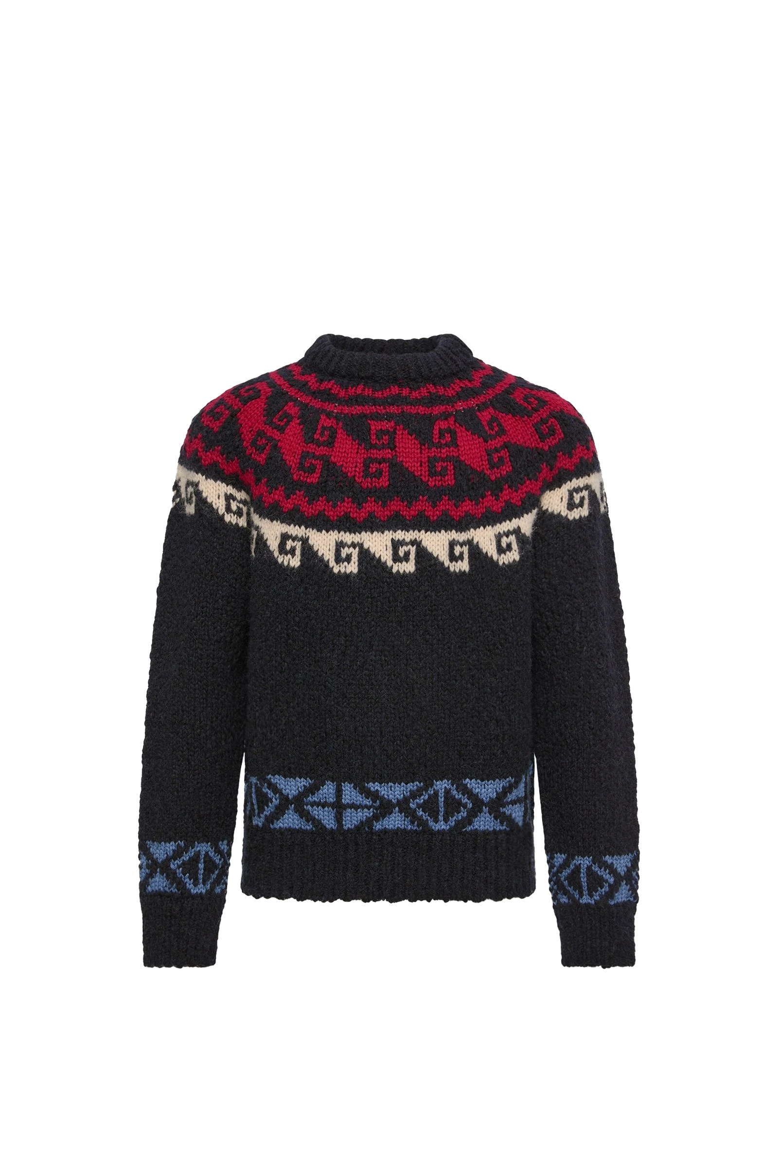 Moncler Geometric Jacquard Wool & Alpaca Blend Jumper in Blue & Red Moncler Geometric Jacquard Wool & Alpaca Blend Jumper in Blue & Red | Men's Knitwear | Coveti
