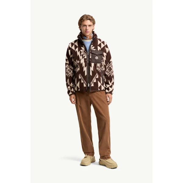 Moncler Geometric Teddy Zip-Up Hoodie in Brown, view 2 | Men's Sweatshirts | Coveti