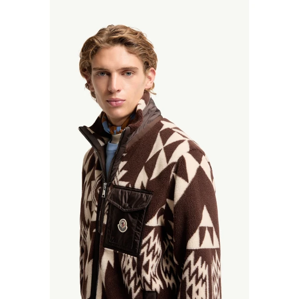 Moncler Geometric Teddy Zip-Up Hoodie in Brown, view 3 | Men's Sweatshirts | Coveti