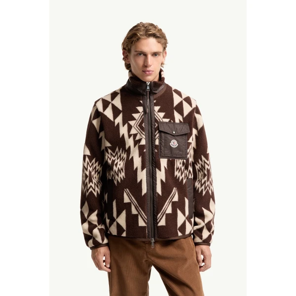 Moncler Geometric Teddy Zip-Up Hoodie in Brown, view 4 | Men's Sweatshirts | Coveti